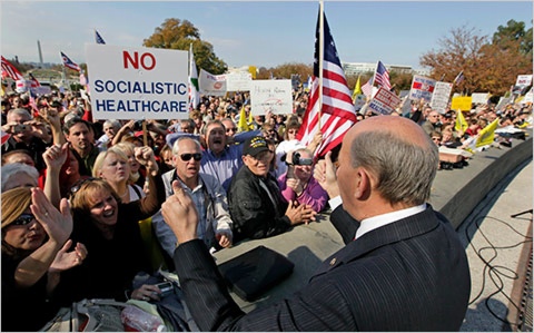 Alex Brandon/Associated Press Rep. Louie Gohmert, Republican of Texas, speaking to a crowd of health care protesters in front of the Capitol on Thursday.