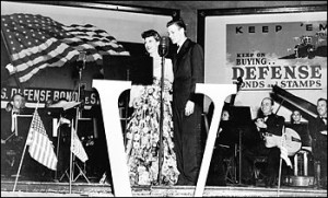 During World War II, celebrities were recruited for bond sales pitches. Singer Dinah Shore, left, performs in Nashville for the effort.